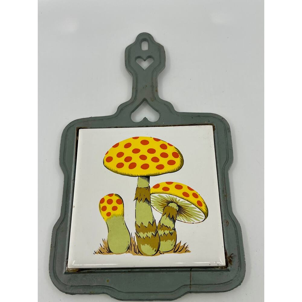 Vintage Tile Mushroom Ceramic Wrought Iron Heart Trivet Wall Hanging Retro